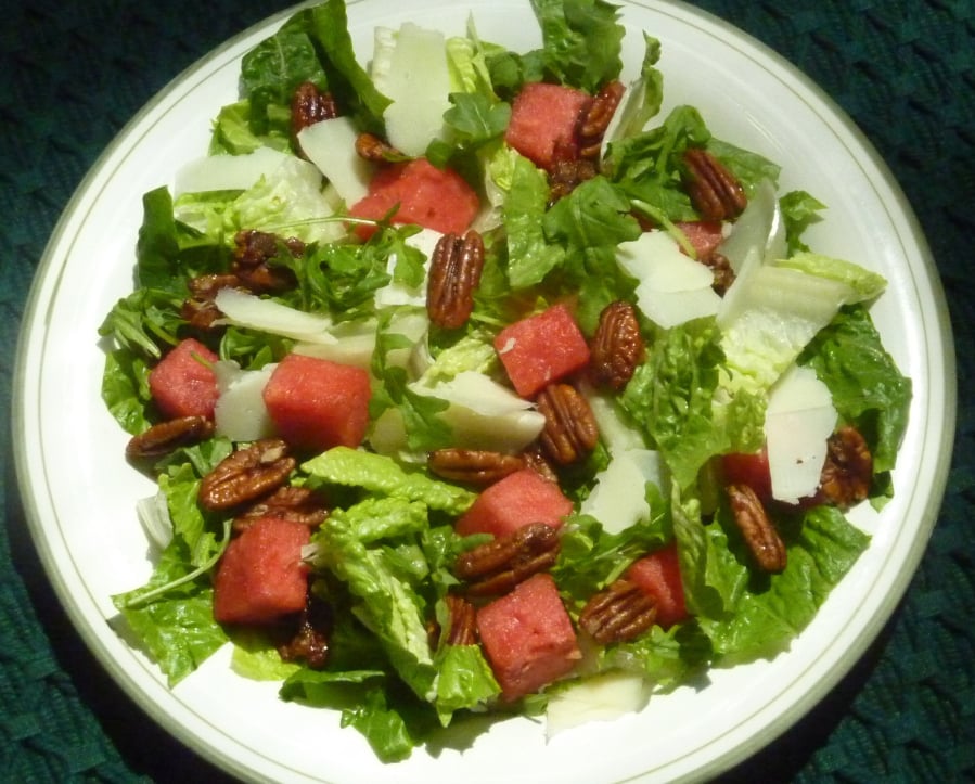 Watermelon salad perfect for Memorial Day weekend, picnics.