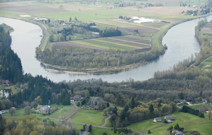 An aerial view of the East Fork of the Lewis River near La Center shows some of the problems the river faces, including banks with little or no vegetation to shade its water.