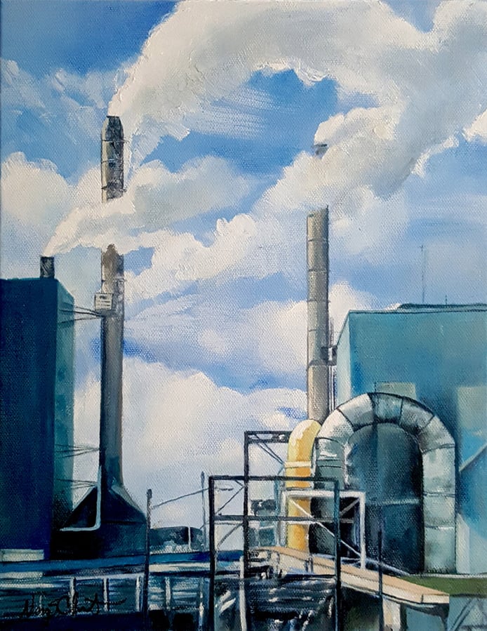 See Mary Chant’s big skyscapes, like these “Steam Stacks Over Camas,” at the Second Story Gallery in downtown Camas. The exhibit, which includes incredibly lifelike flowers sculpted by Marilyn Slaby, has been extended through June 3.