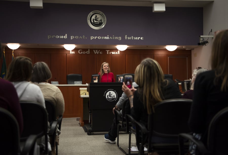 Tabby Stokes of Vancouver speaks during a celebration Thursday for Clark County Adult Felony Drug Court’s 20th anniversary.