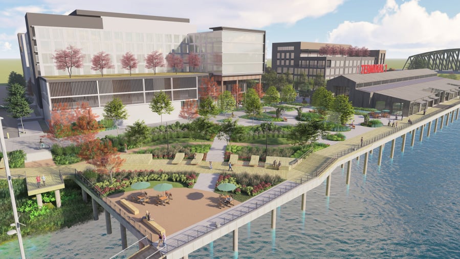 Concept renderings show the planned remodel of the waterfront amphitheater, which would be renamed Vancouver Landing. The new structure would continue to be a public venue with access to the adjacent public dock.