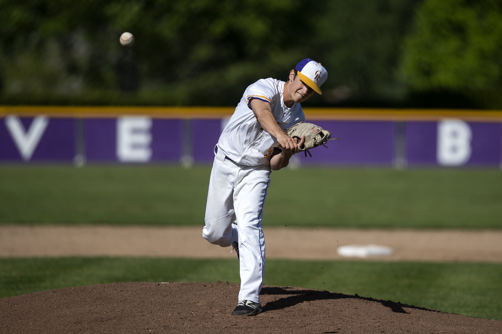 Columbia River's Nick Alder (5) pitches during the game against Centralia in the first round of the 2A district baseball tournament at Columbia River High School in Vancouver on Tuesday May 7, 2019.