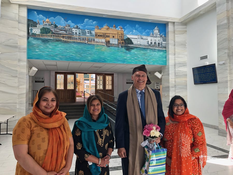 Sen. Manka Dhingra, D-Redmond, left, Rep. Vandana Slatter, D-Bellevue, Gov. Jay Inslee and Sen. Mona Das, D-Kent, visited the Guru Ramdass Gurdwara Sahib Sikh temple in Vancouver on Friday.