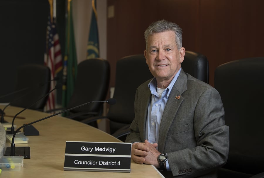 Clark County Councilor Gary Medvigy is pictured Tuesday in his District 4 council seat. This fall, voters will decide whether he keeps it.
