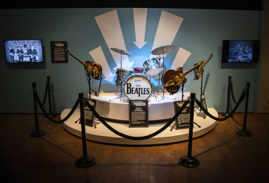 Paul’s bass going that way, George and John’s guitars going this way, Ringo’s miniature drumset in the middle. This mock-up of The Beatles’ “Ed Sullivan Show” setup from Feb. 9, 1964, is part of a new exhibit about the band’s early, touring years, now on display at the Oregon Historical Society Museum in Portland.