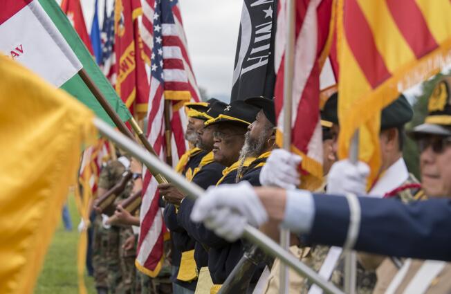 An honor guard made of multiple branches of the military practices posting the colors before the 2019 Memorial Day service at Fort Vancouver National Historic Site on Monday morning, May 27, 2019.