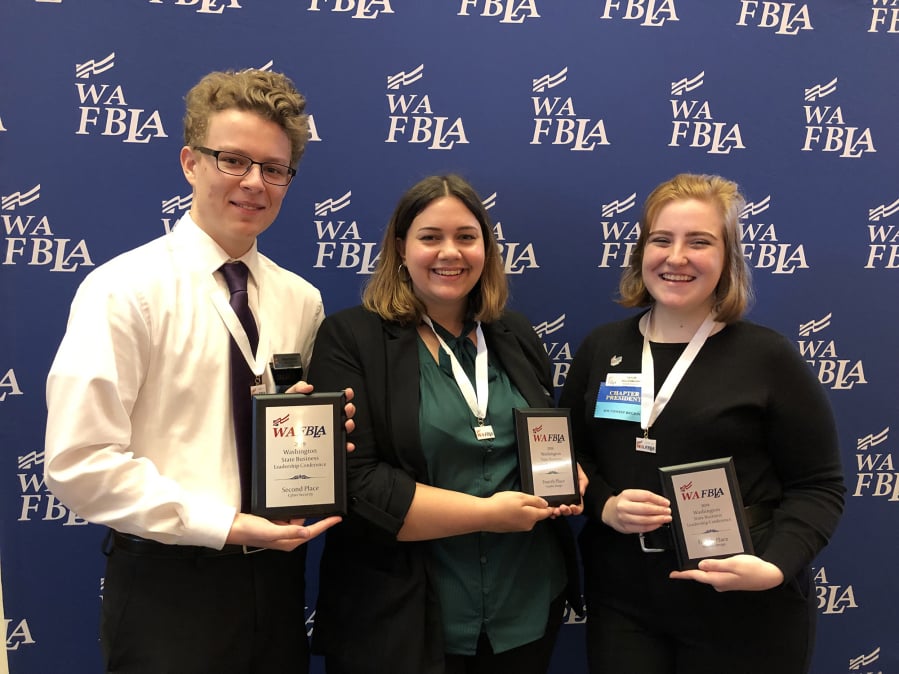 Washougal FBLA Washougal High School Future Business Leaders of America members Edison Moreland, Rose Elsensohn and Taylor Bollenbaugh each won awards at the FBLA State Leadership Conference in Bellevue last month.