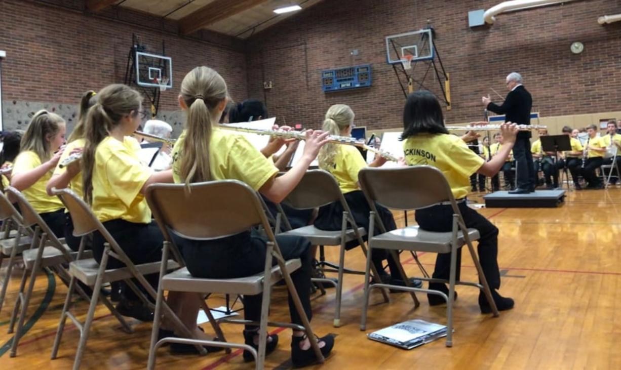 Hockinson: The Vancouver Pops made its annual visit in April to perform with the Hockinson Middle School fifth- and eighth-grade bands, and in doing so brought together generations of musicians ranging from age 11 to 90.