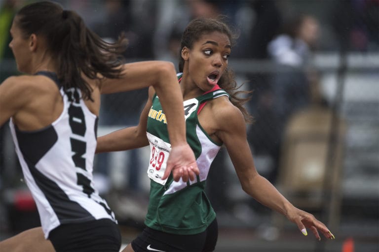 Kentridge's Bonet Henderson reacts reacts to dropping her baton during the 4A 4X100 finals at the WIAA state track meet at Mount Tahoma High School in Tacoma on Saturday, May 25, 2019 (Nathan Howard/The Columbian)