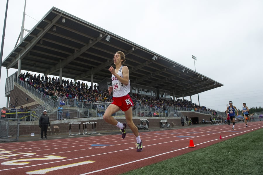 Camas’ Daniel Maton crosses the finish line to win the 4A 800 Meter race during the WIAA state track meet at Mount Tahoma High School in Tacoma on Saturday, May 25, 2019 (Nathan Howard/The Columbian)