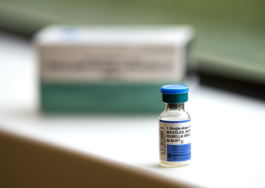 A vial of the measles vaccine is displayed at the Kaiser Permanente Cascade Park office.