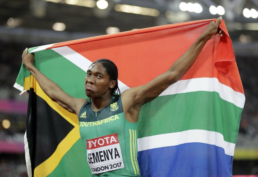 FILE - In this Sunday, Aug. 13, 2017 file photo South Africa’s Caster Semenya celebrates winning the gold in the final of the Women’s 800m during the World Athletics Championships in London. Caster Semenya lost her appeal Wednesday May 1, 2019 against rules designed to decrease naturally high testosterone levels in some female runners. (AP Photo/David J.