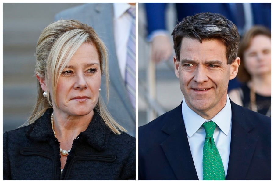 FILE – This combination of March 29, 2017, file photos shows Bridget Kelly, left, leaving federal court after sentencing and Bill Baroni leaving federal court after sentencing in Newark, N.J. The U.S. solicitor general’s office has recommended that the U.S. Supreme Court not hear the appeal of Kelly and Baroni, convicted defendants in the “Bridgegate” case. Kelly and Baroni want the court to hear the appeal of their 2016 convictions for causing traffic jams to punish a mayor for not endorsing their boss, former Republican Gov. Chris Christie.