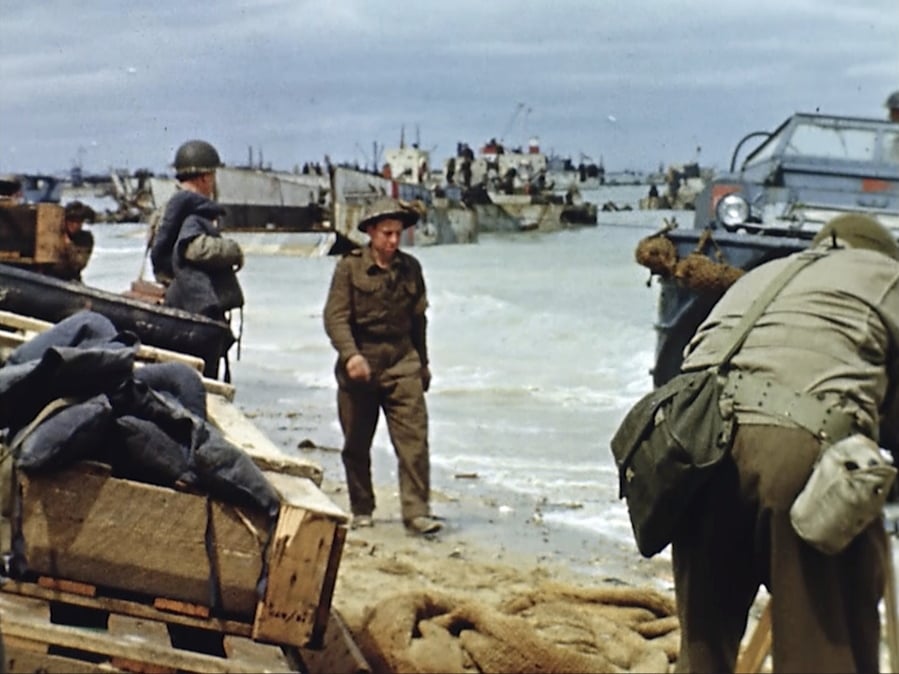 Landing craft are seen on the beach during the D-Day invasion on June 6, 1944, in France. Color images of D-Day and its aftermath were filmed by Hollywood director George Stevens and rediscovered years after his death.
