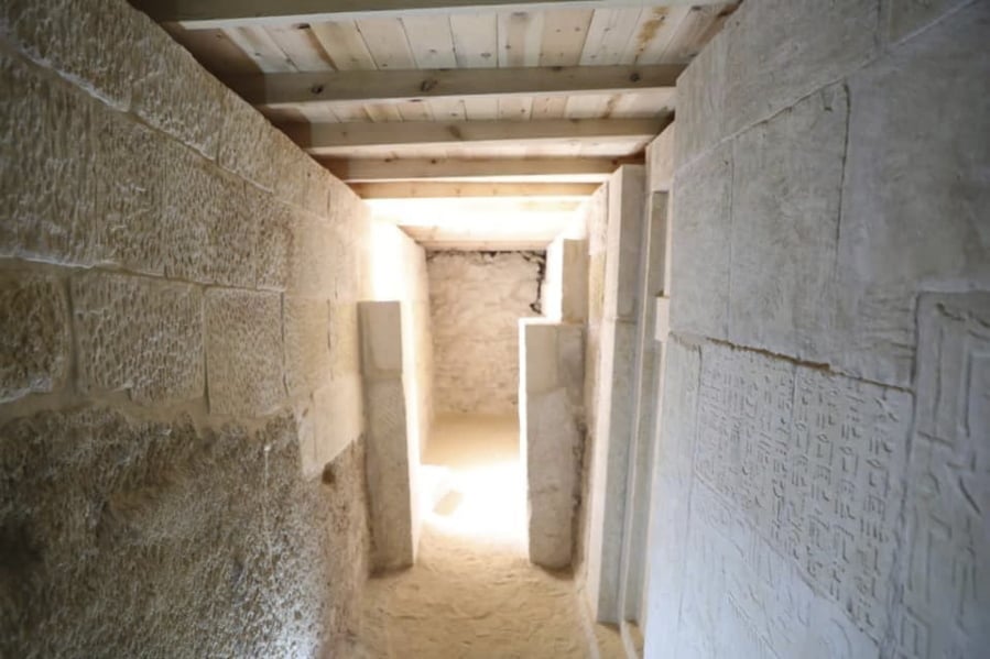 This photo provided by Ministry of Antiquities shows an uncovered part of ancient cemetery at an area by the famed pyramids at the Giza plateau just outside Cairo, Egypt, Saturday, May 4, 2019. Mostafa Waziri, secretary general of the Supreme Council of Antiquities, says Saturday the cemetery houses burial shafts and tombs of top officials and a fine limestone statue from the Old Kingdom’s Fifth Dynasty (2465-2323 B.C.).