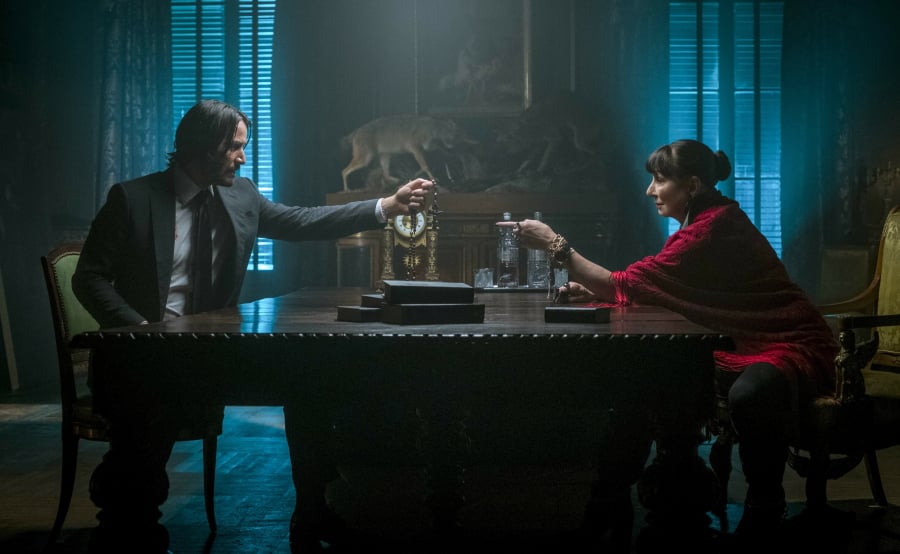 Keanu Reeves and Anjelica Huston in “John Wick: Chapter 3 — Parabellum.” Niko Tavernise/Lionsgate