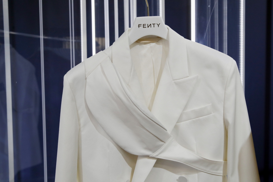 A creation is displayed as Singer Rihanna, the first black woman in history to head up a major Parisian luxury house, unveiled her first fashion designs for Fenty at a pop-up store in Paris, France, Wednesday, May 22, 2019. Fenty says the brand will be based in Paris, like its parent company, conglomerate LVMH, but will operate from a digital flagship on a “See-Now-Wear-Now” model forgoing to usual luxury fashion seasonal previewed designs.