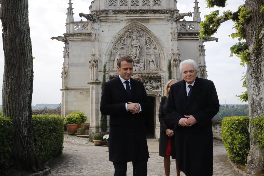French President Emmanuel Macron and Italian President Sergio Mattarella visit the Chateau d’Amboise to commemorate the 500th anniversary of the death of Italian renaissance painter and scientist Leonardo da Vinci at the Chateau d’Amboise, in Amboise, south of Paris, France, Wednesday, May 2, 2019.