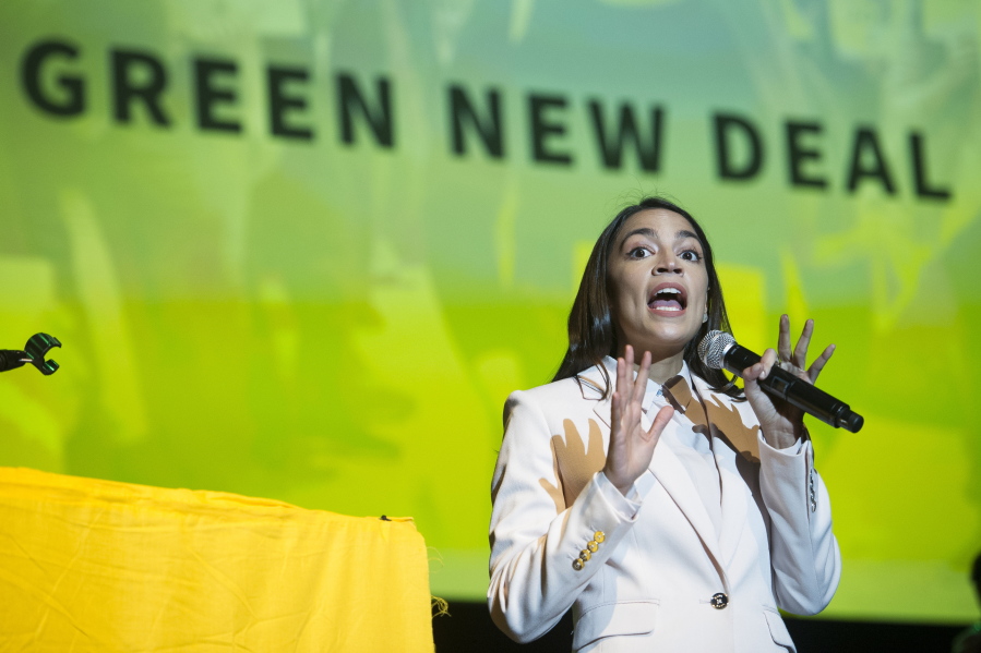 Rep. Alexandria Ocasio-Cortez, D-N.Y., addresses the Road to the Green New Deal Tour final event at Howard University in Washington, Monday, May 13, 2019.
