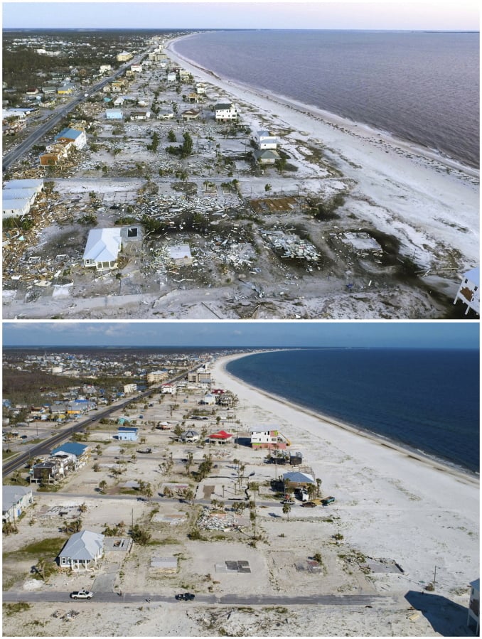 This combination of photos shows the coastline of Mexico Beach, Fla., on Oct. 12, top, in the aftermath of Hurricane Michael, and the same location on May 3.