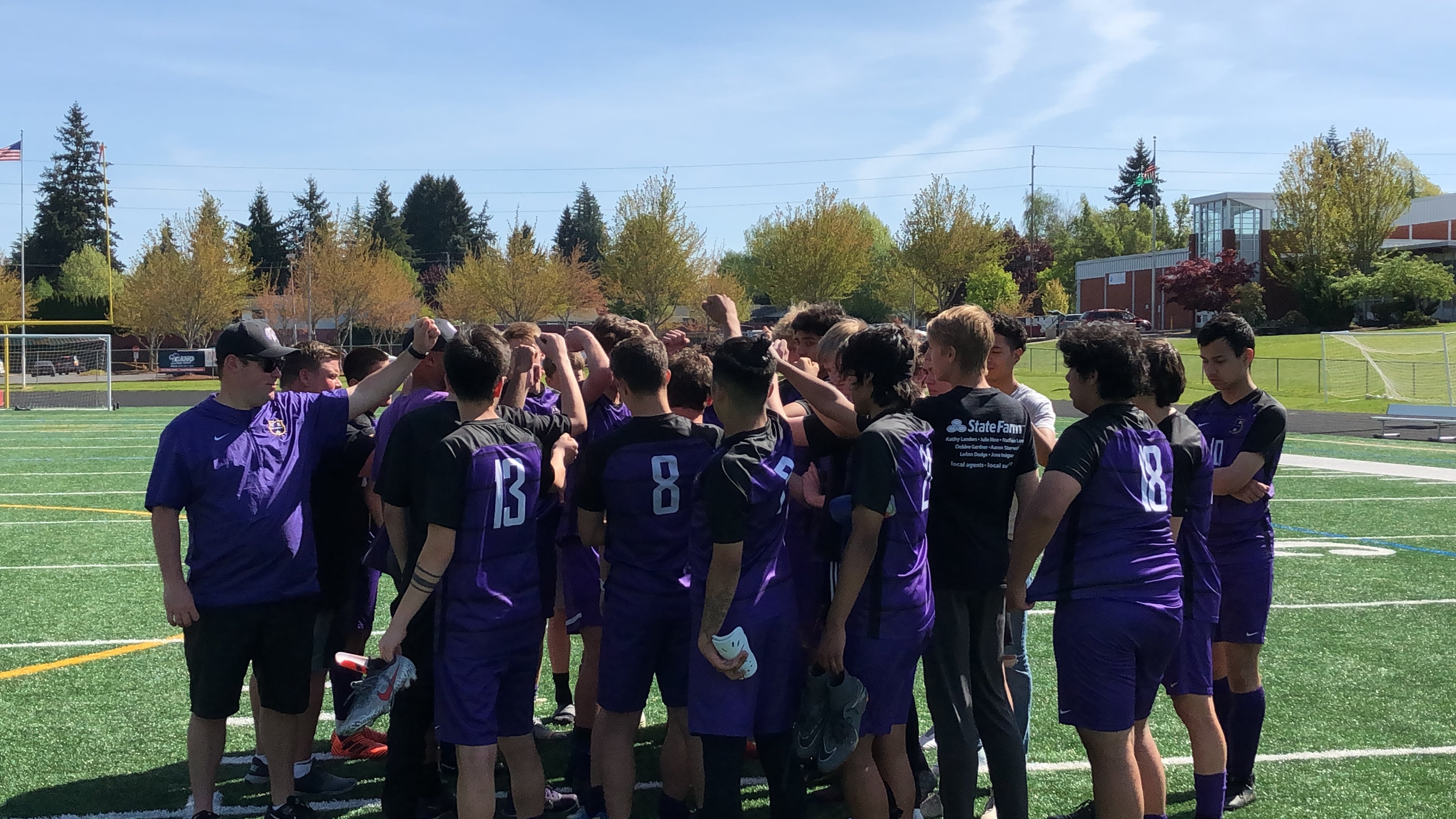 The Columbia River boys soccer team gathers after beating W.F. West 7-0 on Saturday in the first round of the 2A district tournament at Columbia River High.