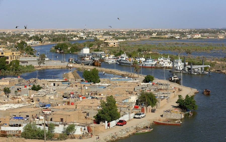 This Monday, April 22, 2019, aerial photo shows high levels of water in the Shatt al-Arab waterway near Basra, Iraq. After years of disappointing rains and scorching hot summers, the wettest winter in a generation has revived Iraq’s rivers and filled its lakes, bringing welcome relief to a country facing severe water challenges in the climate change era.