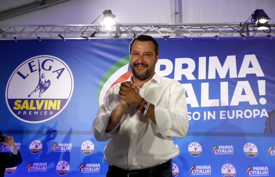 Interior Minister and Deputy Premier Matteo Salvini arrives for a press conference at the League’s headquarters, in Milan, Italy, Monday, May 27, 2019.