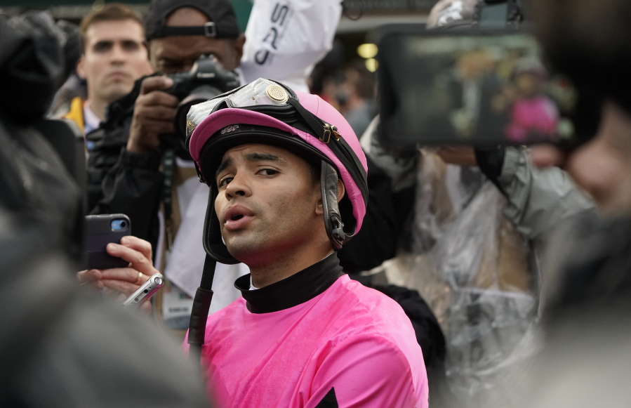 Luis Saez reacts after Maximum Security was disqualified from the 145th running of the Kentucky Derby horse race at Churchill Downs Saturday, May 4, 2019, in Louisville, Ky.