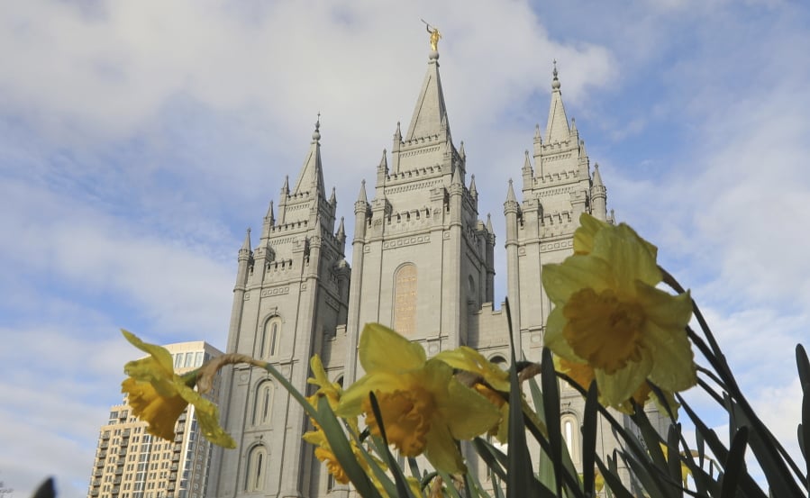 The Salt Lake City temple is shown April 6 during The Church of Jesus Christ of Latter-day Saints’ two-day conference, in Salt Lake City. The Church of Jesus Christ of Latter-day Saints is changing wedding rules in hopes of preventing family members who aren’t church members from feeling excluded.