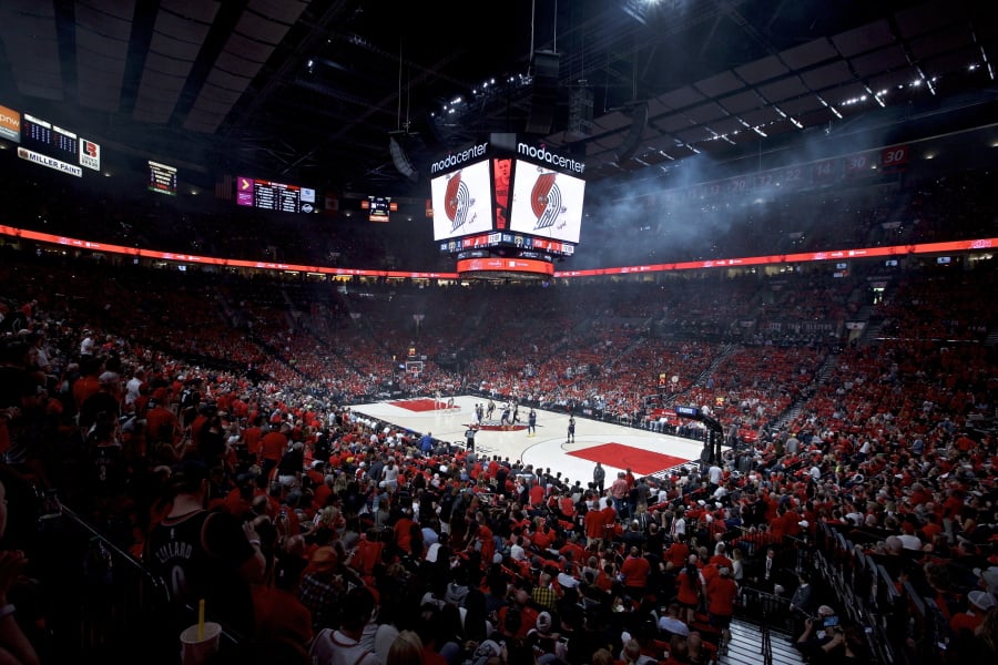 A general view of the Moda Center at tip-off of Game 4 of an NBA basketball second-round playoff series between the Portland Trail Blazers and the Denver Nuggets, Sunday, May 5, 2019, in Portland, Ore.