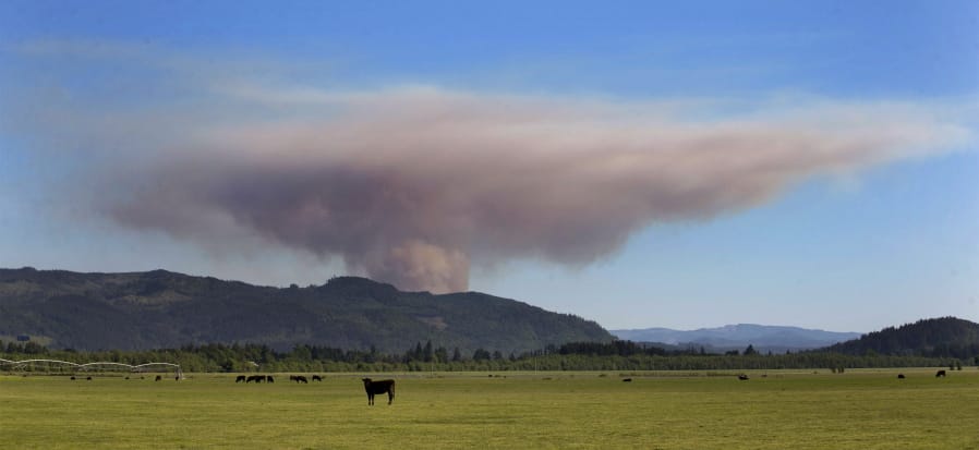 Smoke from a wildfire near Cottage Grove, Ore., is visible from Dillard Road south of Eugene, Ore.
