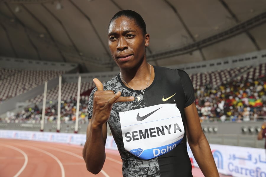 South Africa’s Caster Semenya celebrates after winning the gold in the women’s 800-meter final during the Diamond League in Doha, Qatar, Friday, May 3, 2019.