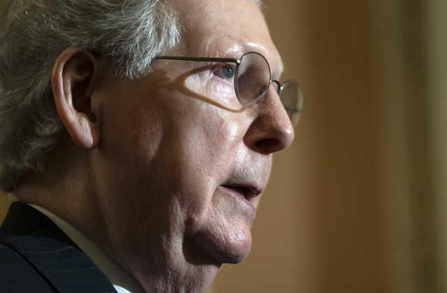 Senate Majority Leader Mitch McConnell, R-Ky., speaks to reporters at the Capitol in Washington, Tuesday, April 30, 2019. (AP Photo/J.