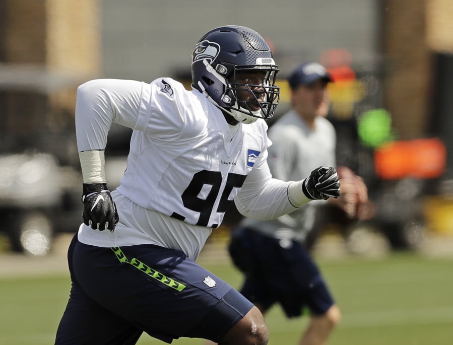 Seattle Seahawks defensive end L.J. Collier runs a drill during NFL football rookie minicamp, Friday, May 3, 2019, in Renton, Wash. (AP Photo/Ted S.