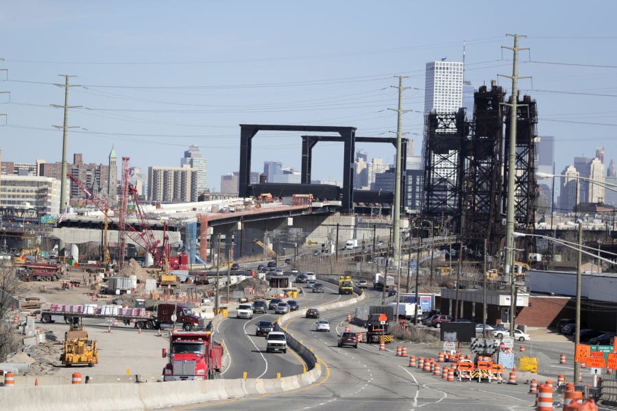 FILE - This April 17, 2019, file photo general view of the construction site of the new Route 7 drawbridge in Kearny, N.J. Small businesses want the federal government to follow through on promises of $2 trillion to rebuild the nation’s infrastructure.