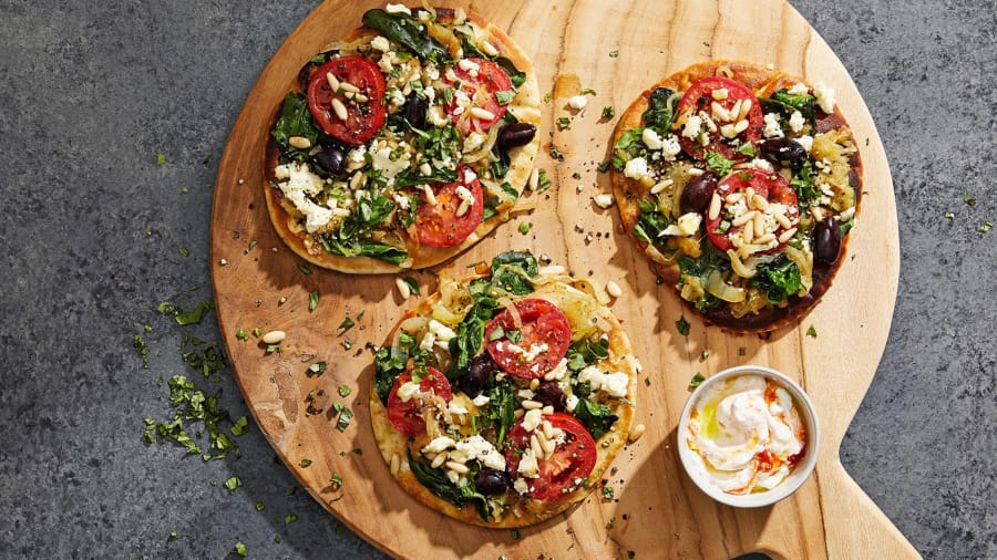 Greek Pita Pizzas. MUST CREDIT: Photo by Tom McCorkle for The Washington Post.