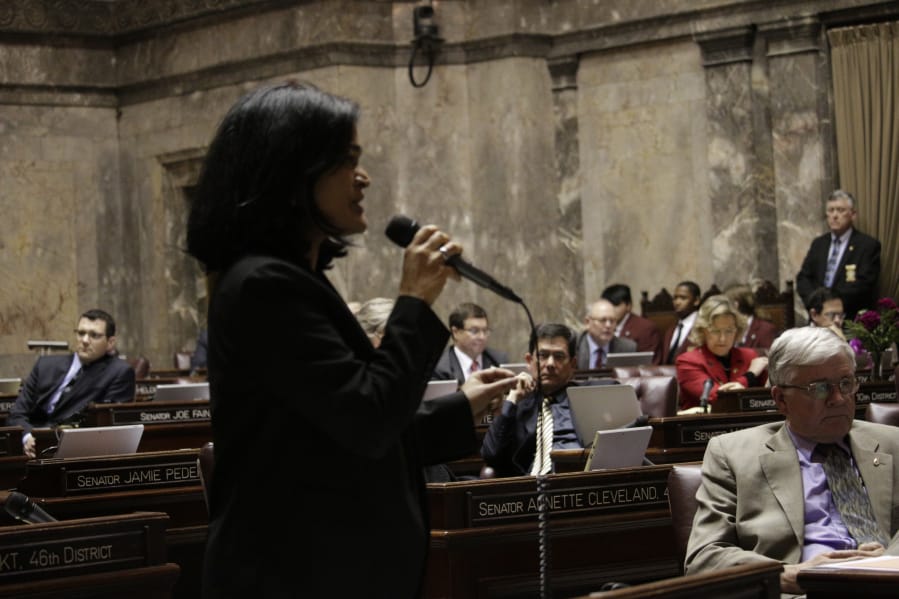 Democratic Sen. Pramila Jayapal speaks in February 2016 in Olympia against a bill that sought to eliminate Washington’s new rule allowing transgender people to use bathrooms and locker rooms in public buildings consistent with their gender identity.