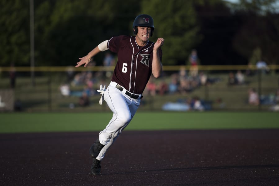 Ridgefield’s Cameron Repetti, rounding third base to score earlier this month, has played third base, shortstop, second base, left field and right field for the Raptors.