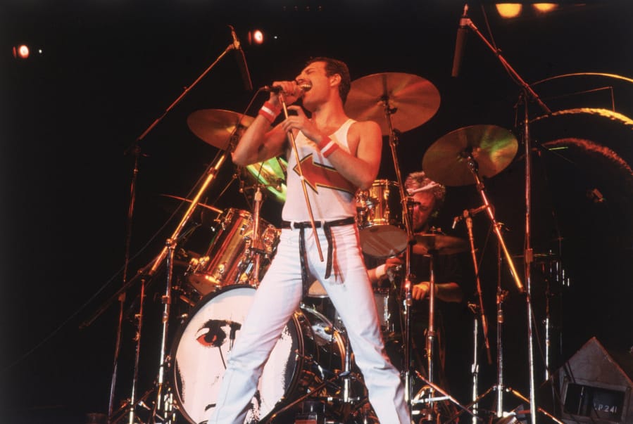 Freddie Mercury, lead singer of 70s rock quartet Queen, in concert in Milton Keynes on June 5, 1982.