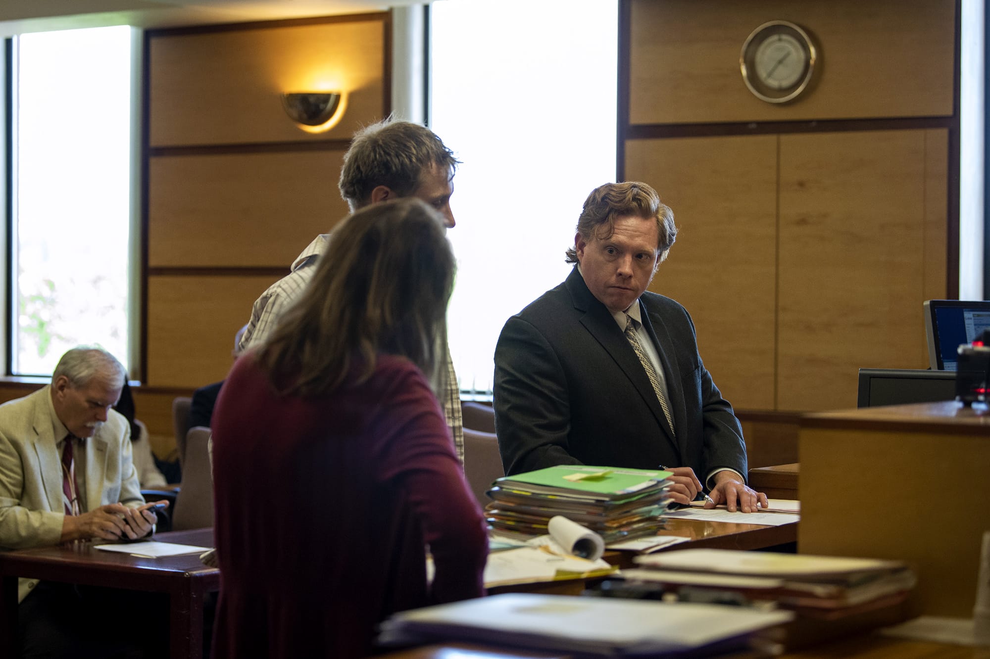 Attorney Shon Bogar takes the stand with a client at Clark County Superior Court in Vancouver on May 7.