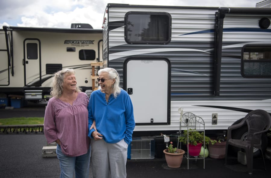 Glenda Peck, left, and her mother, Edith Perrone, are next-door neighbors at the new Ridgefield Fairgrounds RV Park in Ridgefield. They were two of the first people to move into the park when it opened earlier this month, and they got spots right next to each other. “We talk out the window to each other when it’s cold,” Peck joked.