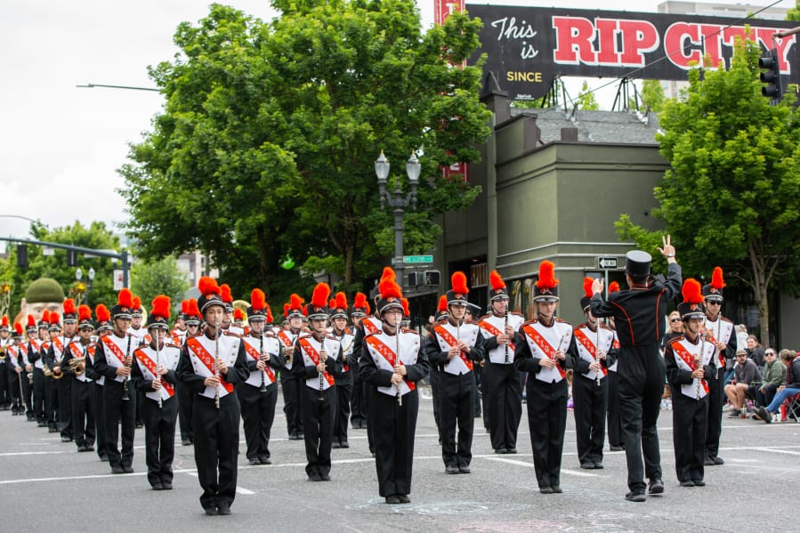 Members of the Battle Ground High School Marching Band perform during the Spirit Mountain Casino Grand Floral Parade in Northeast Portland. Battle Ground placed first in its division, Out-of-State Division A for 99 members or less. In 2017 Rose Parade spokesperson Rich Jarvis said, “They always turn out. They’re well-disciplined, well-trained.