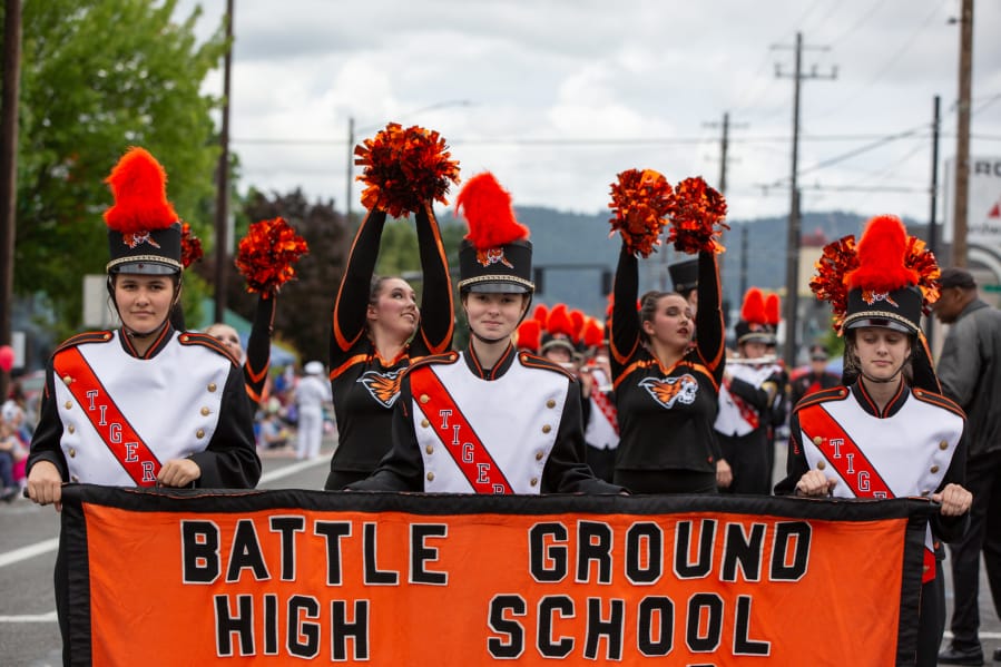 Members of the Battle Ground High School Marching Band perform during the Spirit Mountain Casino Grand Floral Parade in Northeast Portland. Battle Ground placed first in its division, Out-of-State Division A for 99 members or less.