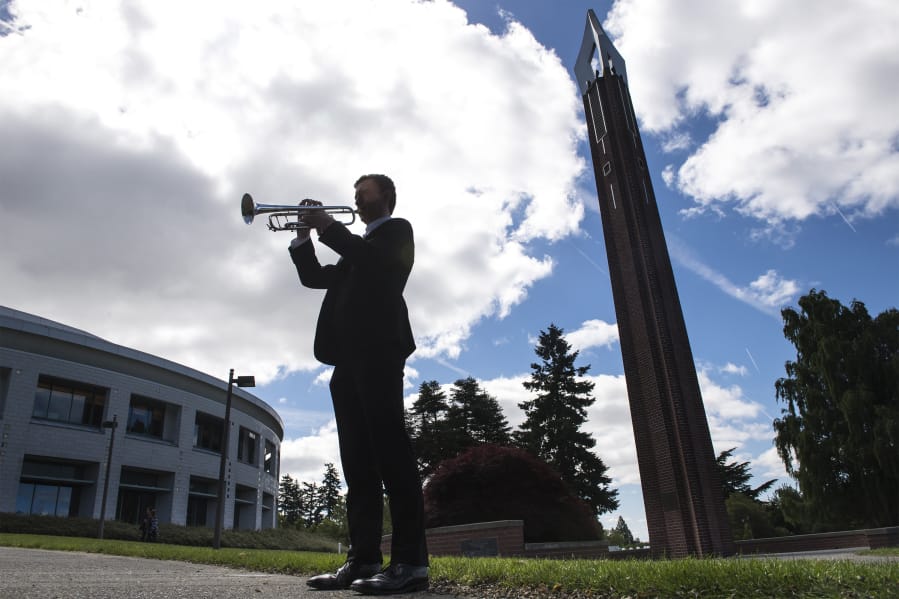 Graduating music student and composer Connor Wier revisits the courtyard at Clark College, where he was inspired to write an award-winning piece called “The Square.” Wier’s new composition, “The Oceans of Time,” gets its world premiere at a June 14 concert by the Clark College Concert Choir.