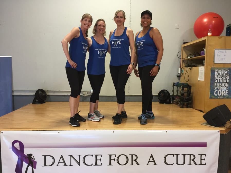 Northeast Hazel Dell: Dance instructors, from left, Sherrie Robertson, Cindy Morical, Penny Ford and Synndrah Spillers at Robertson’s eighth annual Dance for a Cure fundraiser, which raised $6,500 for the American Cancer Society Relay for Life. The event has raised nearly $30,000 in its eight years.