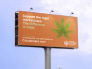 This undated artist rendering provided by the Bureau of Cannabis Control shows a proposed billboard urging consumers to purchase cannabis from only licensed retailers. Aiming to slow illegal pot sales that are undercutting the licensed market, California is kicking off a public information campaign, Get #weedwise, encouraging consumers to verify that the product they are about to buy is tested and legal.