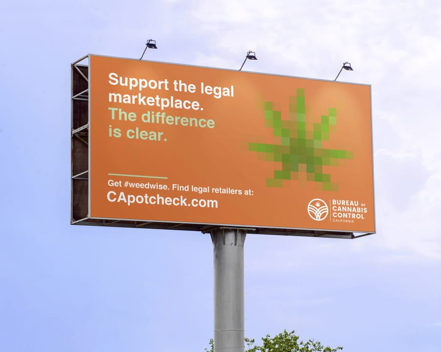 This undated artist rendering provided by the Bureau of Cannabis Control shows a proposed billboard urging consumers to purchase cannabis from only licensed retailers. Aiming to slow illegal pot sales that are undercutting the licensed market, California is kicking off a public information campaign, Get #weedwise, encouraging consumers to verify that the product they are about to buy is tested and legal.