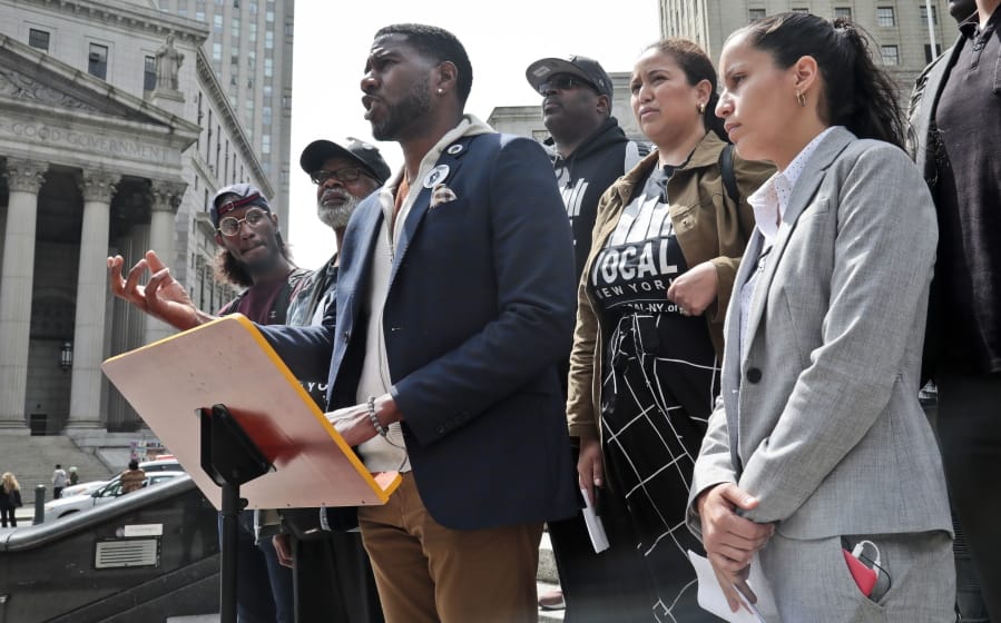 Queens District Attorney candidate Tiffany Caban, far right, and New York Public Advocate Jumaane Williams, third from left, join a coalition of civil rights activists at a press conference, calling for an investigation of former Assistant District Attorney Linda Fairstein, Tuesday June 11, 2019, in New York. The group is “demanding” that Manhattan District Attorney Cyrus Vance appoint an independent investigation to review Fairstein’s roll in the rape conviction of the “Central Five,” who were all exonerated by DNA evidence-- supporting their claim of false conviction.