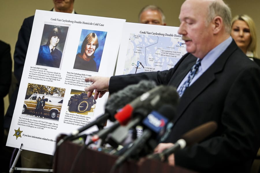 FILE - In this April 11, 2018, file photo, Snohomish County Cold Case Detective Jim Scharf, right, shares details of the unsolved case of the 1987 double homicide of Jay Cook and Tanya Van Cuylenborg, during a press conference in Everett, Wash. William Earl Talbott II charged in the slayings of the young Canadian couple is facing trial in Washington state this week.