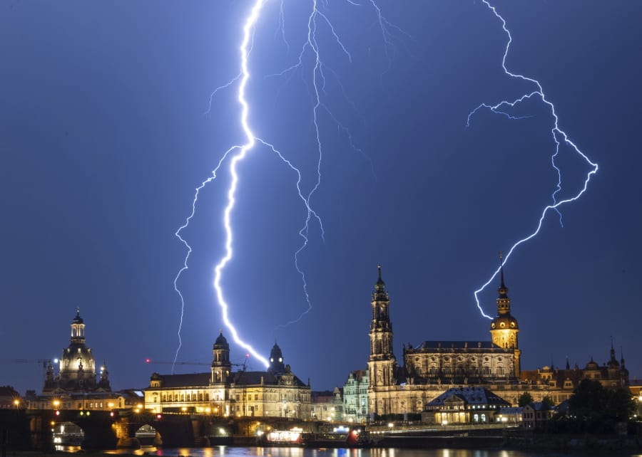 Lightning strikes across the sky June 10 in Dresden, Germany.